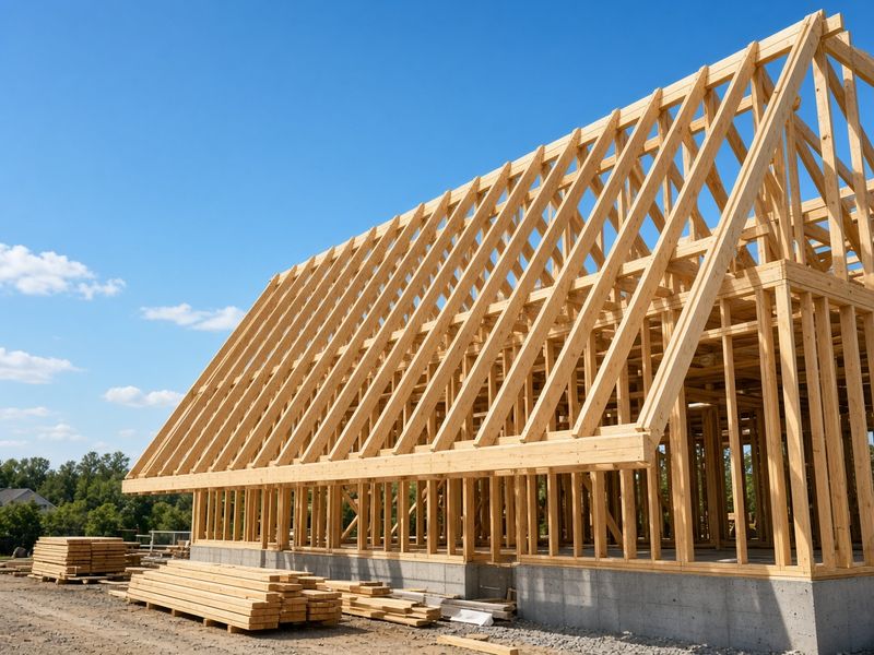 New wood roof trusses on a building under construction